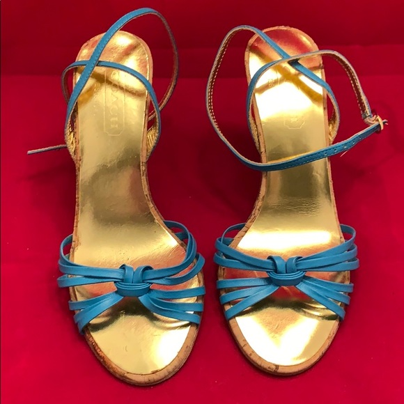 Coach Shoes - Coach Gianna Blue Ankle Strap Cork Heels